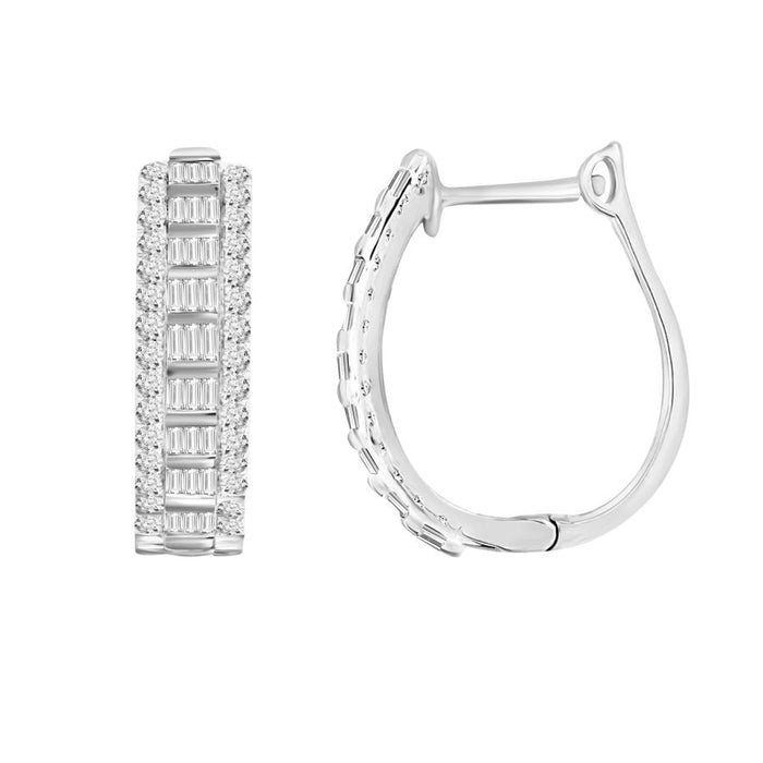 LADIES HOOP EARRINGS 1.00CT ROUND/BAGUETTE DIAMOND 10K WHITE GOLD