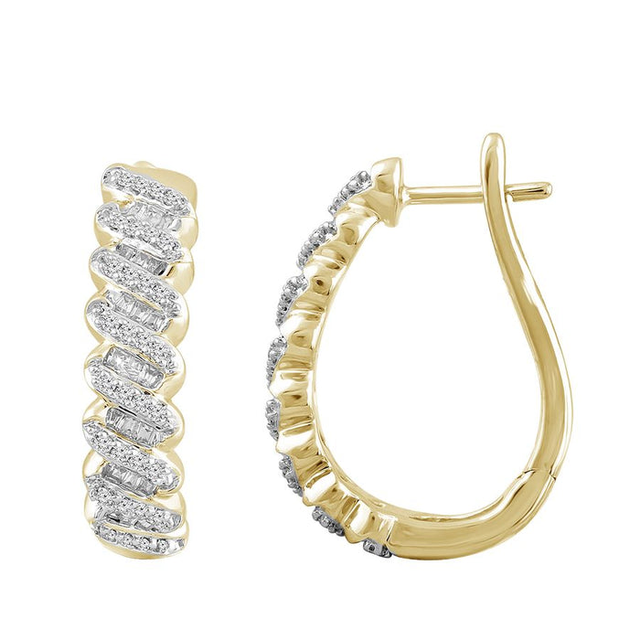 LADIES HOOPS EARRINGS 0.50CT ROUND/BAGUETTE DIAMOND 10K YELLOW GOLD