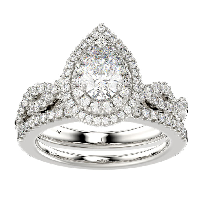 LADIES BRIDAL SET 1.15CT ROUND/PEAR DIAMOND 14K WHITE GOLD (SI QUALITY)