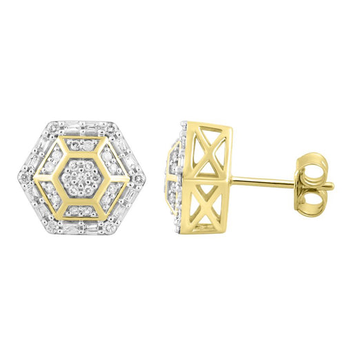 LADIES STUD EARRINGS 0.50CT ROUND/BAGUETTE DIAMOND 10K YELLOW GOLD