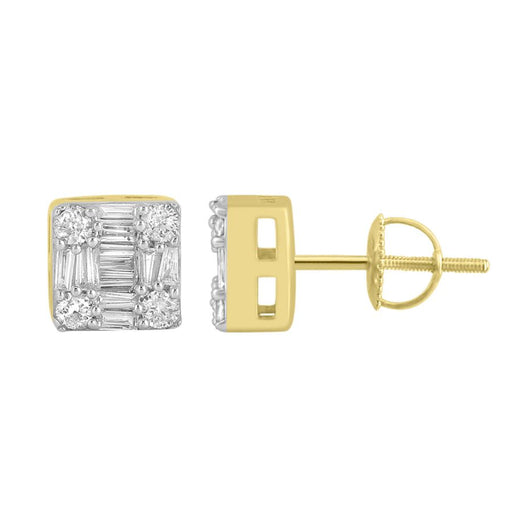 LADIES STUD EARRINGS 0.50CT ROUND/BAGUETTE DIAMOND 10K YELLOW GOLD