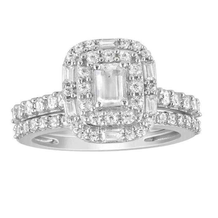 LADIES BRIDAL SET 1.25CT ROUND/BAGUETTE DIAMOND 14K WHITE GOLD (CENTER STONE 0.33CT EMERALD DIAMOND)