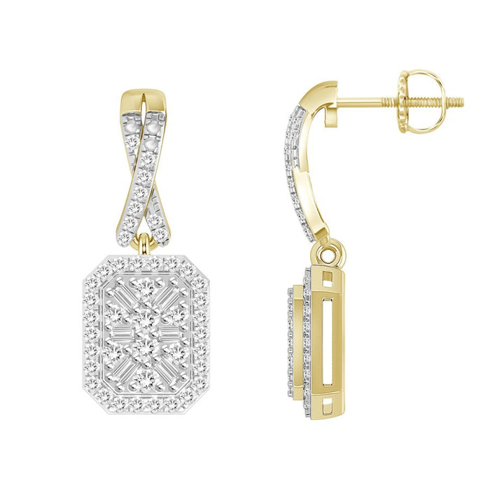 LADIES EARRINGS 0.33CT ROUND/BAGUETTE DIAMOND 10K YELLOW GOLD