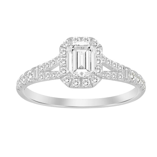 LADIES RING 1.00CT ROUND/BAGUETTE DIAMOND 14K WHITE GOLD (SI QUALITY) (CENTER STONE 0.50CT EMERALD DIAMOND)