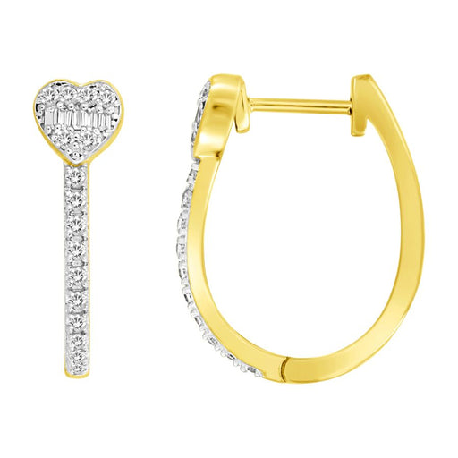 LADIES HOOPS EARRINGS 0.25CT ROUND/BAGUETTE DIAMOND 10K YELLOW GOLD