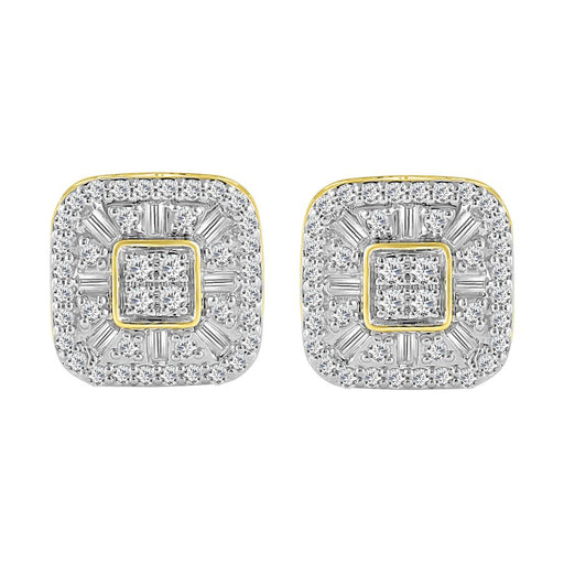 LADIES STUD EARRINGS 1.00CT ROUND/BAGUETTE DIAMOND 10K YELLOW GOLD