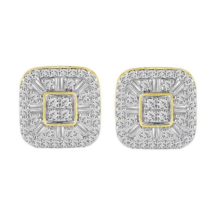 LADIES STUD EARRINGS 1.00CT ROUND/BAGUETTE DIAMOND 10K YELLOW GOLD