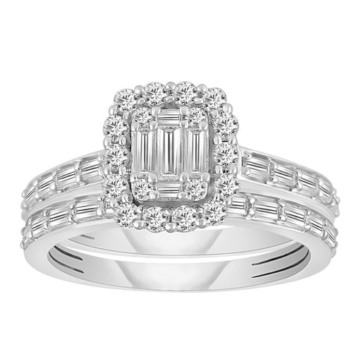 LADIES BRIDAL SET 1.00CT ROUND/BAGUETTE DIAMOND 14K WHITE GOLD