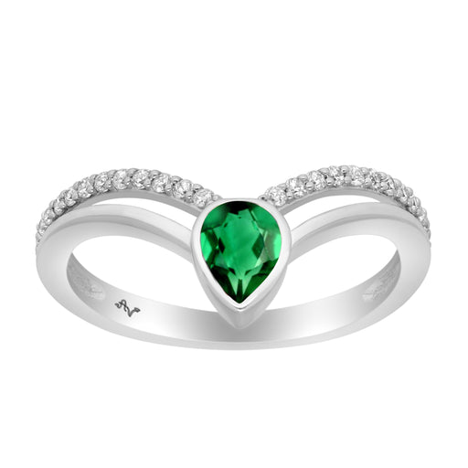 LADIES RING 0.65CT ROUND/GREEN EMERALD PEAR DIAMOND 14K WHITE GOLD