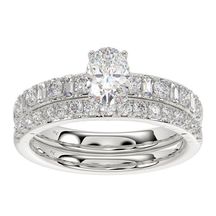 LADIES BRIDAL SET 1.50CT ROUND/BAGUETTE DIAMOND 14K WHITE GOLD (SI QUALITY) (OVAL DIAMOND-0.75CT)