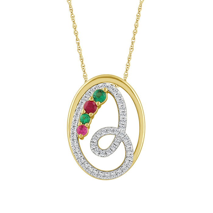 LADIES PENDANT 0.62CT WITH CHAIN ROUND/RUBY /EMERALD DIAMOND 14K YELLOW GOLD (CENTER STONE 0.33CT RUBY EMERALD )