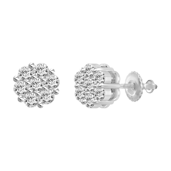 LADIES FLOWER EARRINGS 3.00CT ROUND DIAMOND 14K WHITE GOLD