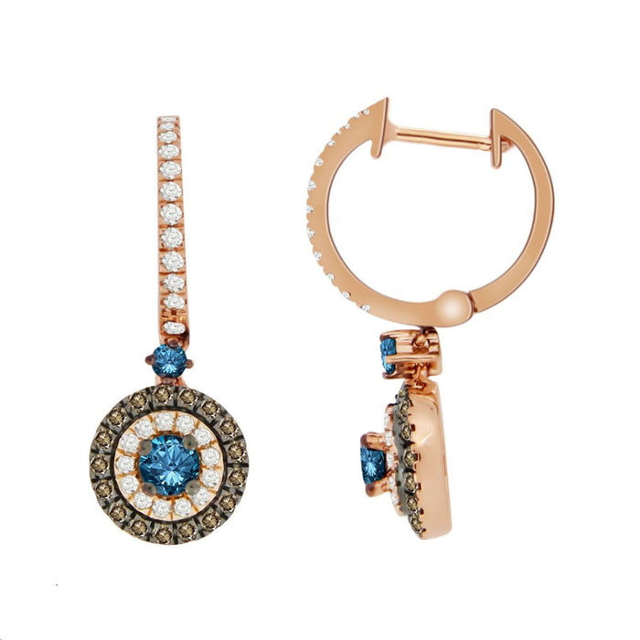 LADIES EARRINGS 1.00CT ROUND/BLUE/DARK BROWN DIAMOND 14K ROSE GOLD