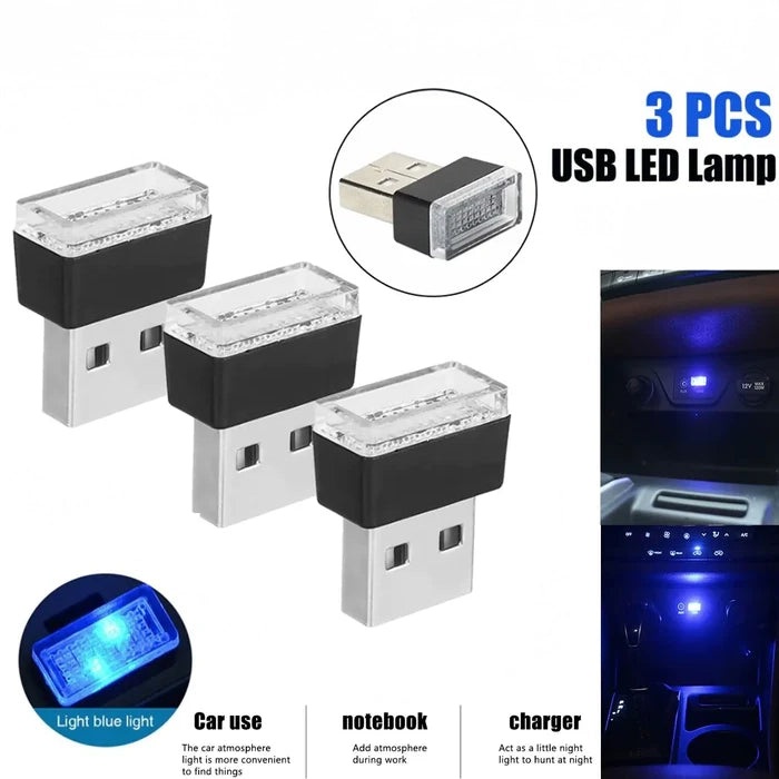 3x Mini Blue LED USB Car Interior Light Neon Atmosphere Ambient Lamp Accessories