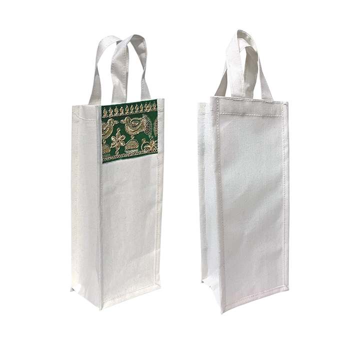 Burlap (Jute) Wine Gift Bags with Indian Zari Embroidery – Pack of 2, White with Green Accent