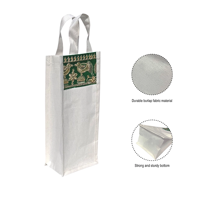 Burlap (Jute) Wine Gift Bags with Rich Embroidery – Pack of 2, White with Green Accent