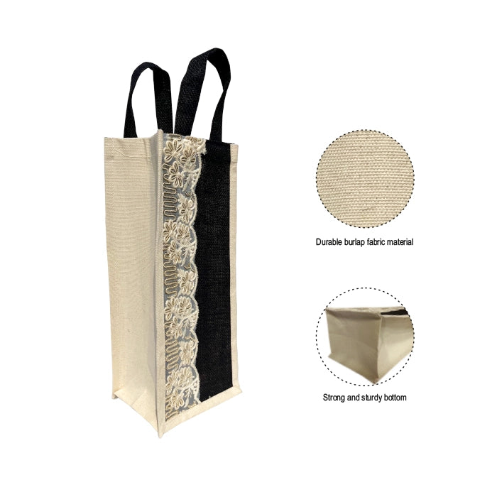 Burlap (Jute) Wine Gift Bags with Indian Zari Embroidery – Pack of 2, Beige with Black Accent