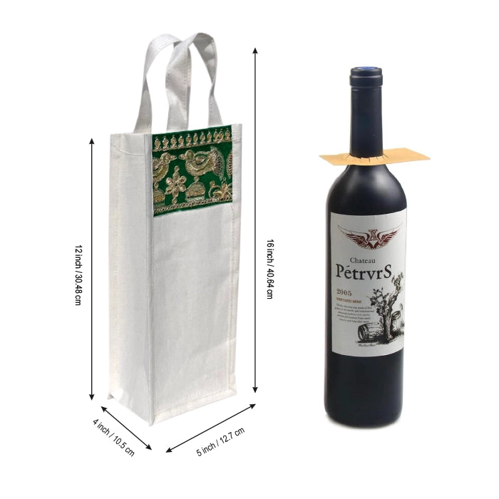 Burlap (Jute) Wine Gift Bags with Rich Embroidery – Pack of 2, White with Green Accent