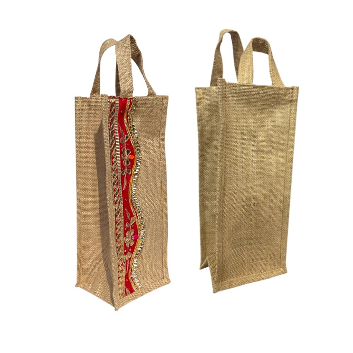 Burlap (Jute) Wine Gift Bags with Indian Zari Embroidery – Pack of 2, Brown with Red Accent