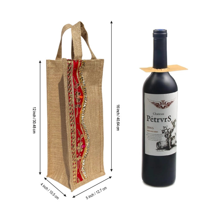 Burlap (Jute) Wine Gift Bags with Indian Zari Embroidery – Pack of 2, Brown with Red Accent