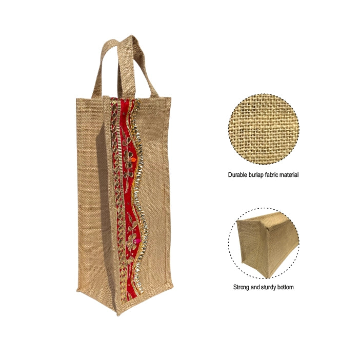 Burlap (Jute) Wine Gift Bags with Indian Zari Embroidery – Pack of 2, Brown with Red Accent