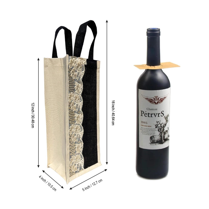 Burlap (Jute) Wine Gift Bags with Indian Zari Embroidery – Pack of 2, Beige with Black Accent