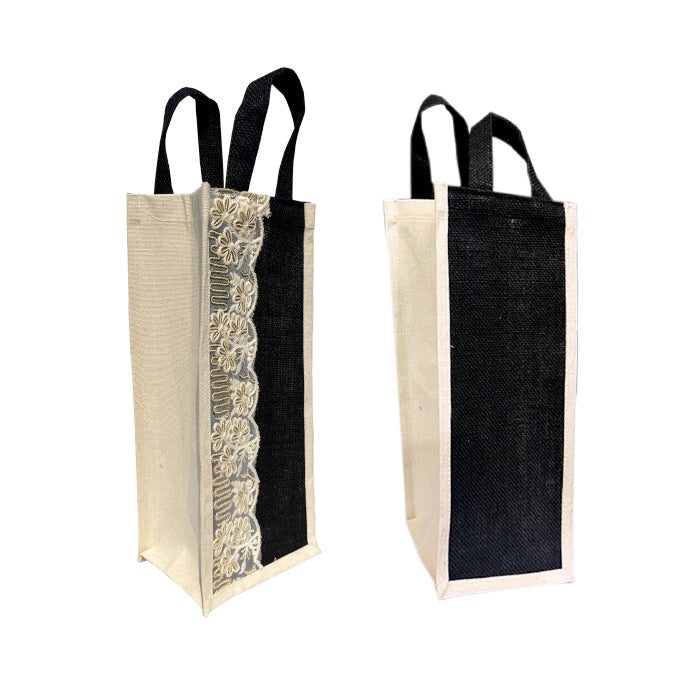 Burlap (Jute) Wine Gift Bags with Rich Embroidery – Pack of 2, Beige with Black Accent